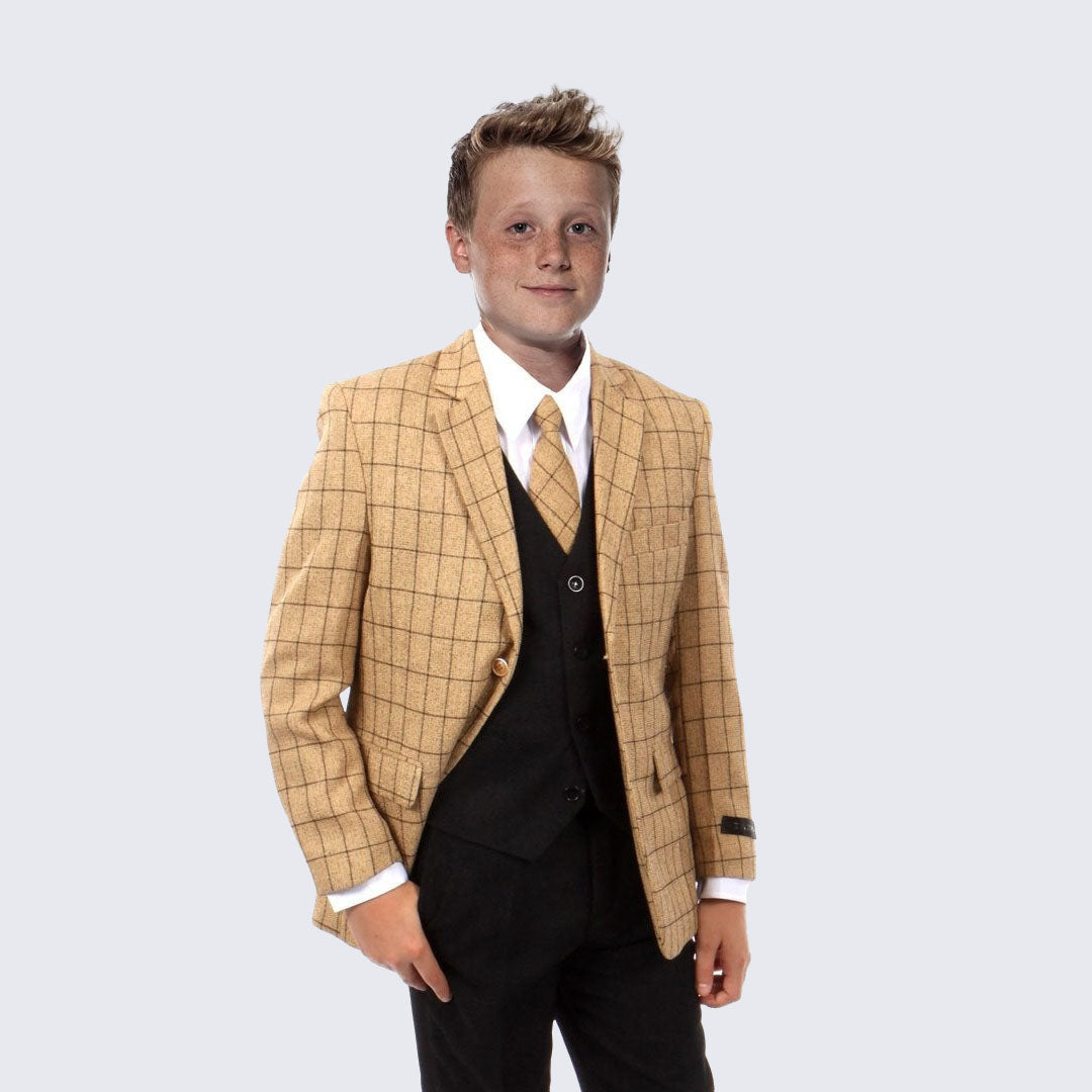 Boys Gold and Black Windowpane Suit 5-Piece Set High Quality - Kids - Toddler - Children - Wedding | Perfect Tux 5T Boys Gold and Black Windowpane Suit 5-Piece Set High Quality - Kids - Toddler - Children - Wedding | Perfect Tux 5T