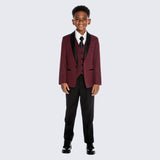 Boys Burgundy Tuxedo Slim Fit Shawl Lapel 5-Piece Set for Kids Teen Children - Wedding