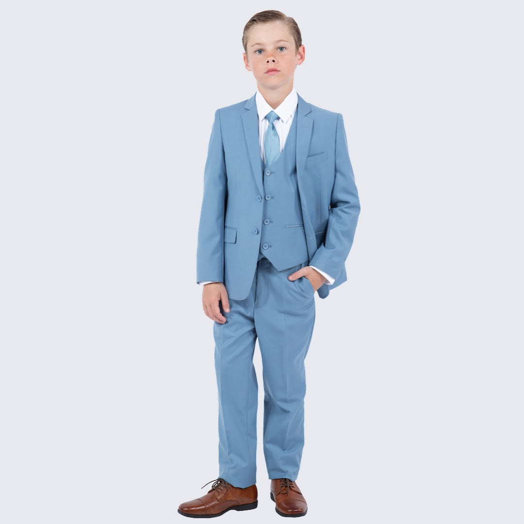 Boys Dusty Blue Suit Slim Fit 5-Piece Set by Perry Ellis for Kids Teen Children - Wedding, 16 (+$13) Boys Dusty Blue Suit Slim Fit 5-Piece Set by Perry Ellis for Kids Teen Children - Wedding, 16 (+$13)