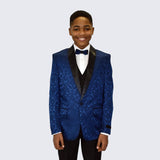 Boys Navy Blue Fancy Pattern Tuxedo 5-Piece Set for Kids Teen Children - Wedding