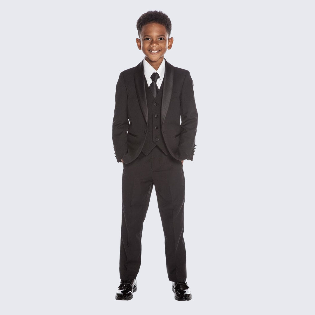 Boys' Black Tuxedo Suit – Toddler/Kids Formal Wear, S-20 (Dollkimb USA)
