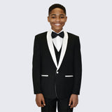 Boys Black and White Tuxedo Slim Fit Shawl Lapel 5-Piece Set for Kids Teen Children - Wedding