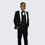 Boys Black and White Tuxedo Slim Fit Shawl Lapel 5-Piece Set for Kids Teen Children - Wedding