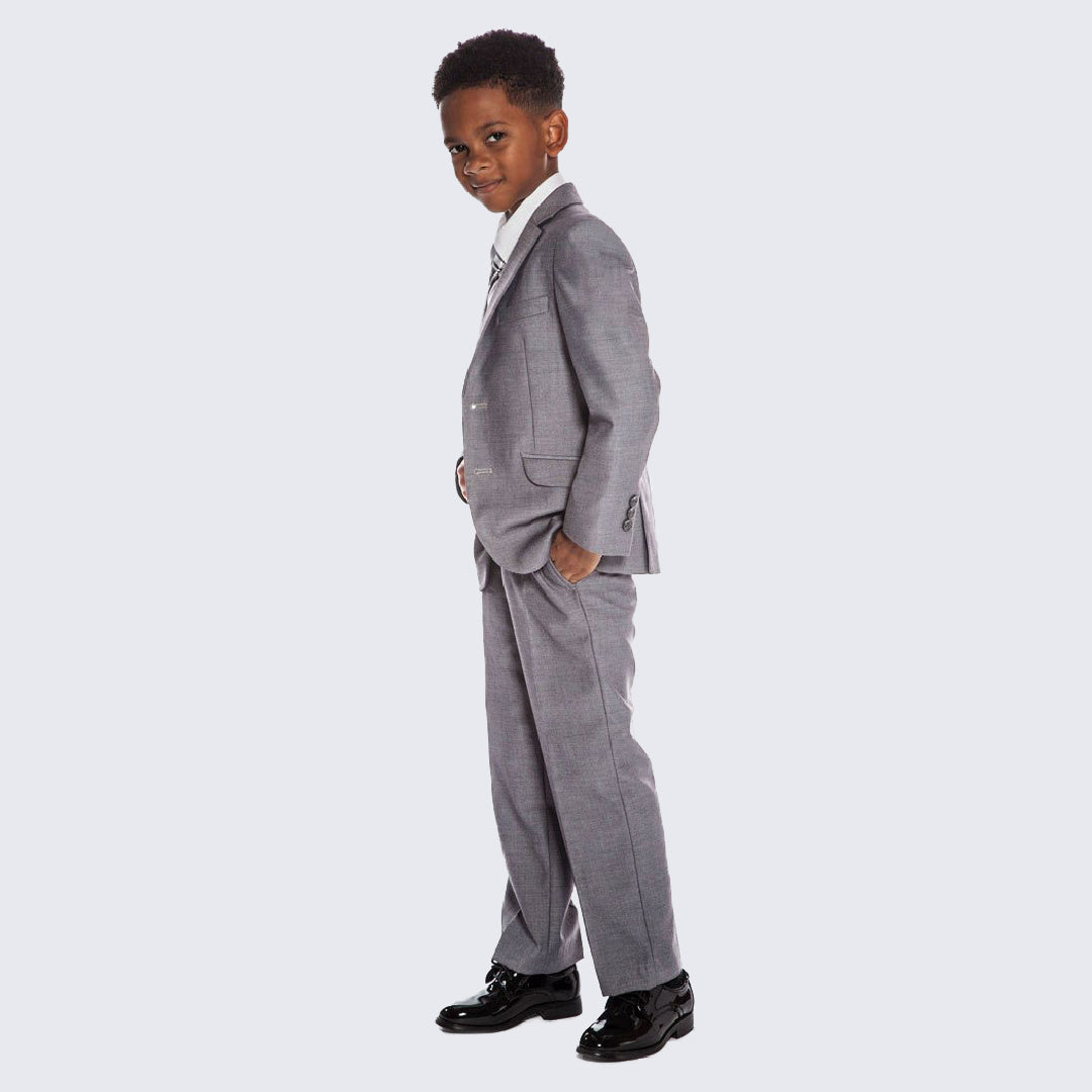 Boys Slim Fit Light Grey Suit 5-Piece Set for Baby Toddler