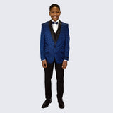 Boys Navy Blue Fancy Pattern Tuxedo 5-Piece Set for Kids Teen Children - Wedding