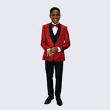 Boys Red Fancy Pattern Tuxedo 5-Piece Set for Kids Teen Children - Wedding