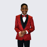 Boys Red Fancy Pattern Tuxedo 5-Piece Set for Kids Teen Children - Wedding