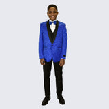 Boys Royal Blue Fancy Pattern Tuxedo 5-Piece Set for Kids Teen Children - Wedding