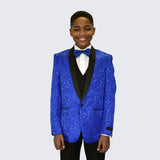 Boys Royal Blue Fancy Pattern Tuxedo 5-Piece Set for Kids Teen Children - Wedding