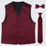 Boy's Burgundy Tuxedo Vest Three Piece Set